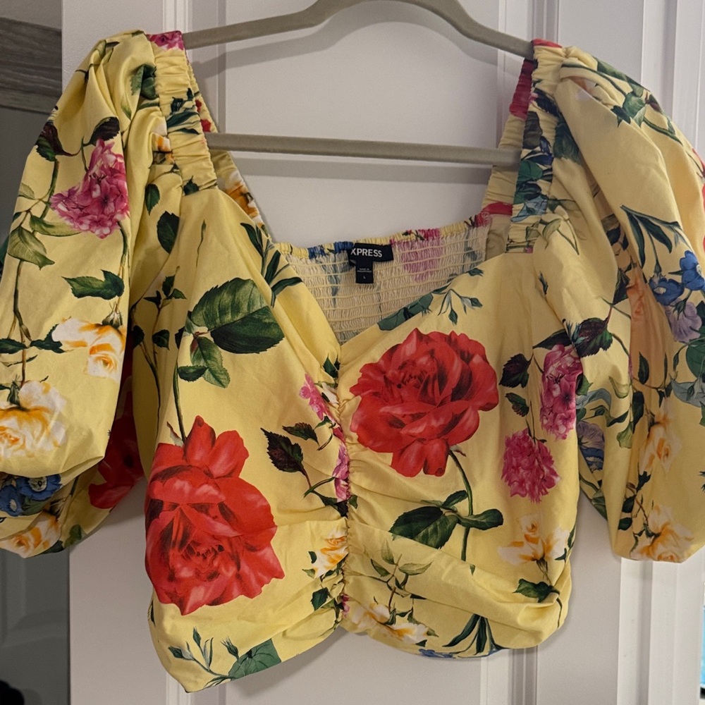 Express Yellow Floral Puff Sleeve Blouse